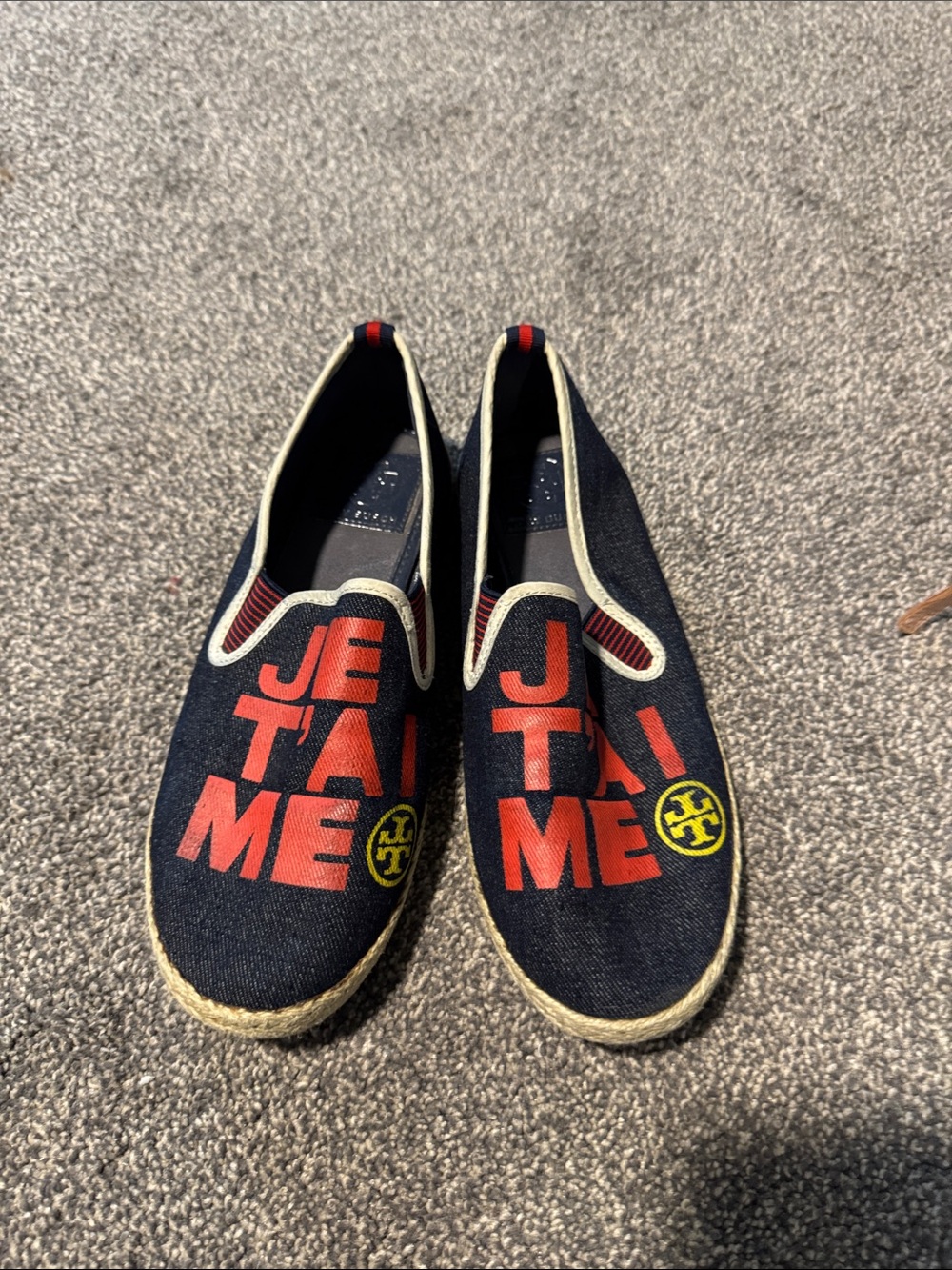 Tory Burch Navy Denim Slip-On Espadrilles with Red Graphic